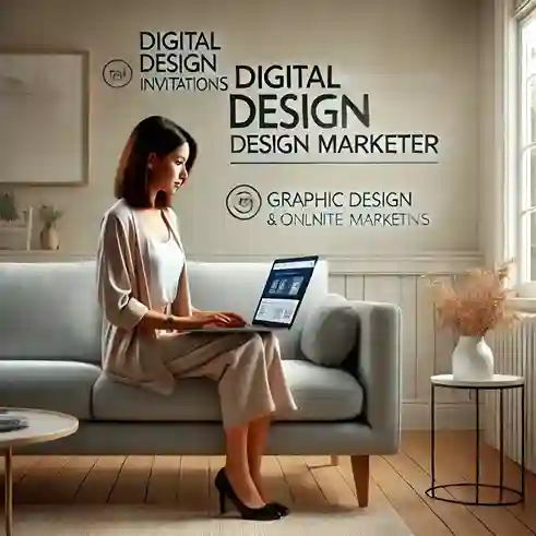 A professional young woman working on a laptop in a cozy modern workspace, surrounded by digital design and marketing-themed text on the wall.