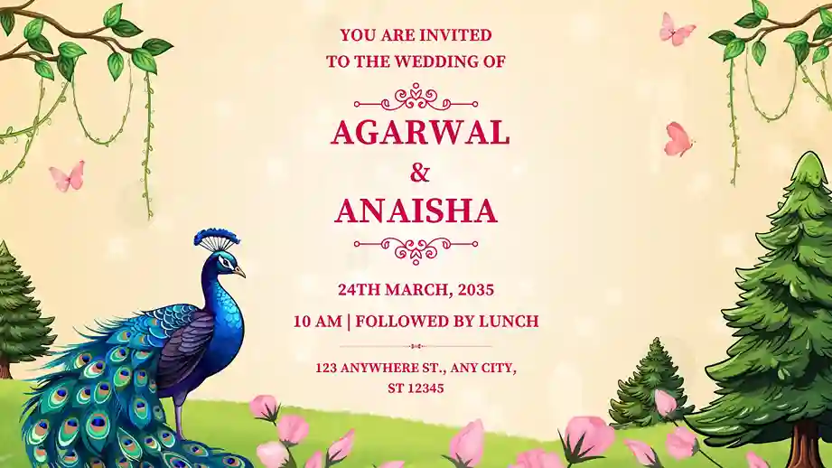 Elegant wedding invitation design with peacock theme by Portfolio Paridhi Digital Designs.