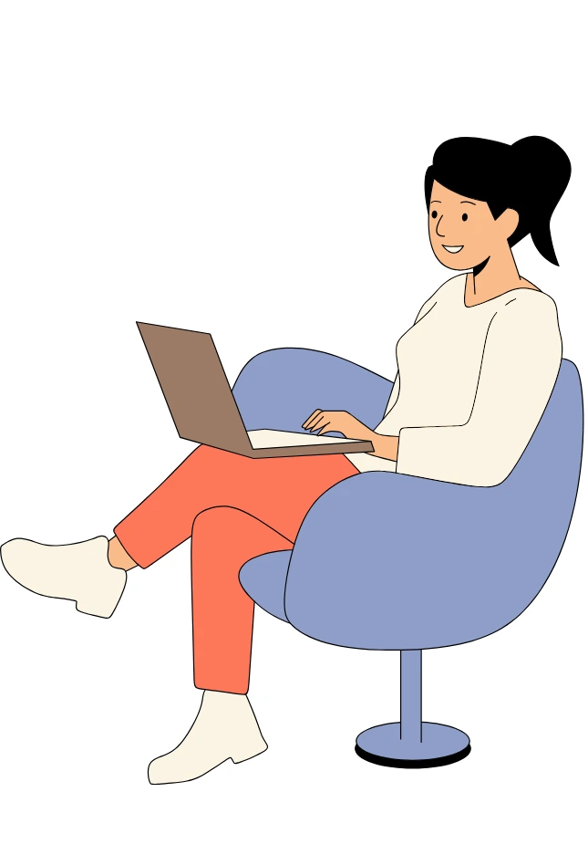 llustration of a smiling woman sitting on a modern chair, working on a laptop.