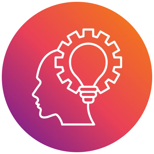 Outline of a human head with a lightbulb and gear inside, set on a gradient orange-purple background, symbolizing creativity and innovative thinking.