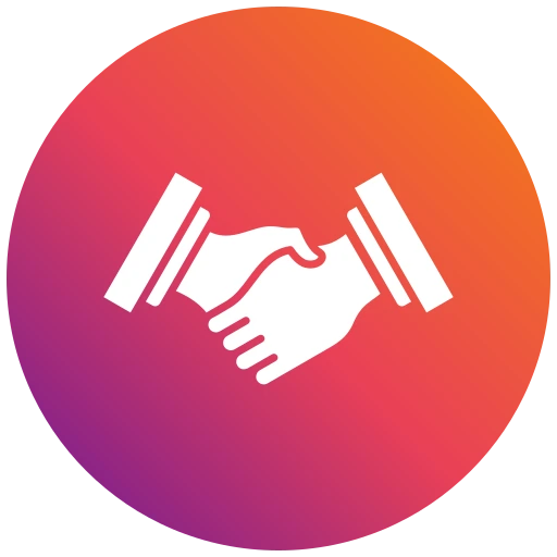 Icon of a handshake on a gradient orange-to-pink background, symbolizing partnership and collaboration.