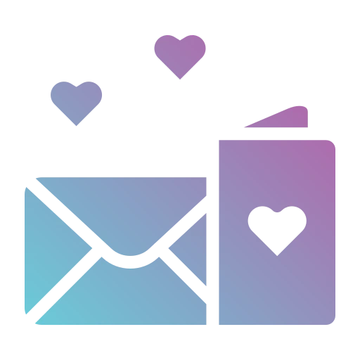 An envelope with a card featuring a heart symbol and three floating hearts above, in a gradient of blue to purple hues, symbolizing love and invitations.