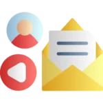 A yellow envelope with a document partially inside, accompanied by a person icon and a play button icon, representing email communication and multimedia content.