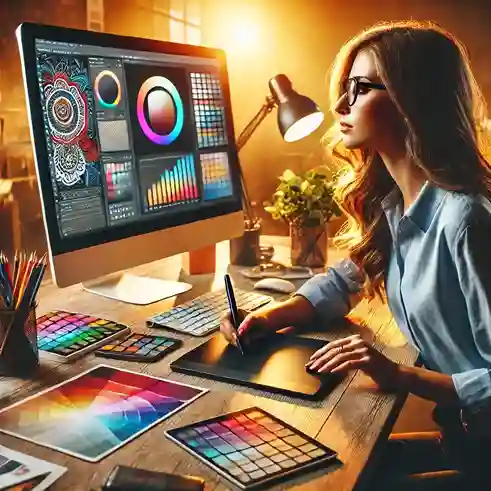 A creative professional working on a design project at a desk, using a digital tablet and a computer with a color wheel and graphic software on the screen, surrounded by color swatches and pencils.