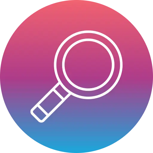 Icon of a magnifying glass on a gradient background, symbolizing search and discovery.